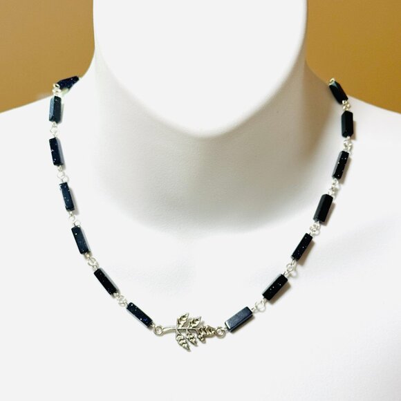 Dark Blue Goldstone Short Necklace w/ Silver Leaf Branch Pendant - Picture 2 of 14